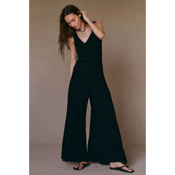 Free People Beach Women’s Black Royale One-Piece Cowl Neck Drop Waist Wide Leg J - Picture 1 of 14